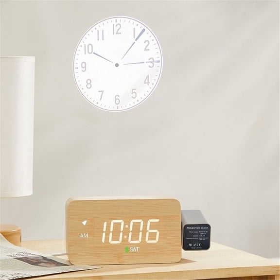 Projection Alarm Clock For Bedroom, LED Digital Clock Projects Time On Ceiling Or Wall, Date & Temperature Display, USB Powered, Silent Tick, Wood-Tone Nightstand Decor