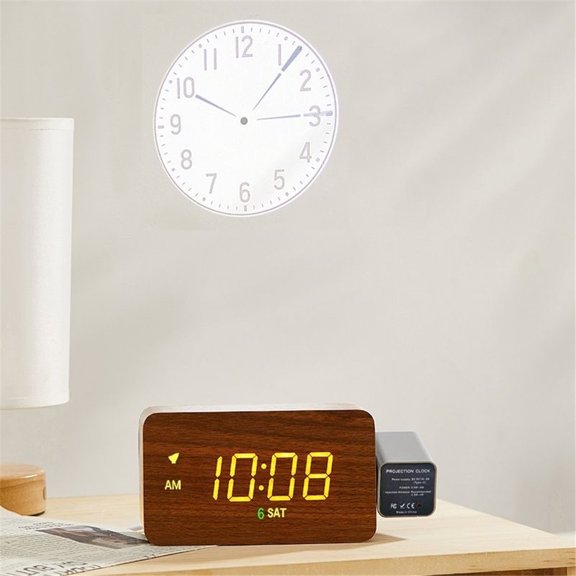Projection Alarm Clock For Bedroom, LED Digital Clock Projects Time On Ceiling Or Wall, Date & Temperature Display, USB Powered, Silent Tick, Wood-Tone Nightstand Decor