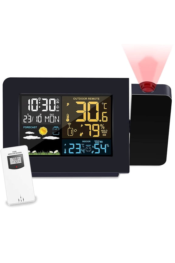 Projection Alarm Clock with Indoor Outdoor Temperature Display, Dual Alarms, Multi-Colored Backlight, Weather Forecast, Wireless Remote Sensor