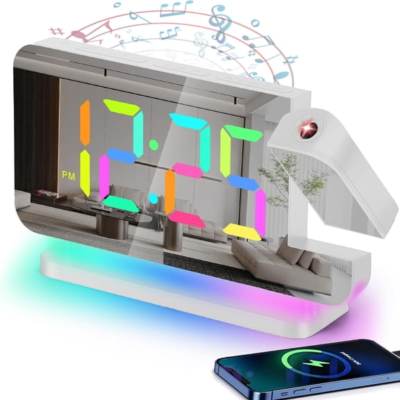 Projection Alarm Clock for Bedrooms, LED Digital Alarm Clocks with 180° Rotatable Projector, RGB Night Light, Auto Dimmer, Snooze Function, FM Radio Function, Modern Desk Clock for Teens Girl Adults