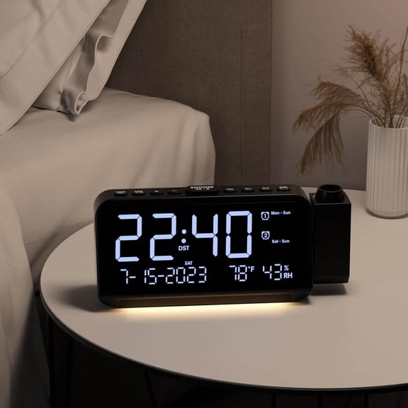 Projection Alarm Clock, Digital Clock with 180 Projector on Ceiling Wall, Dual Loud Alarm for bedrooms with Weekday/Weekend Mode, 2 USB Ports, Dimmer, Temp, Humidity, Night Light, Snooze