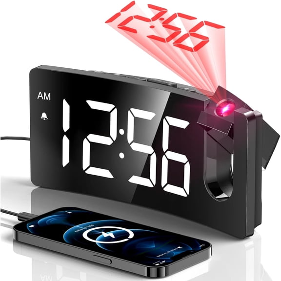 Projection Alarm Clock, Digital Clock with 180° Rotatable Projector, 3-Level Brightness Dimmer, Clear LED Display, USB Charger, Progressive Volume, 9mins Snooze,12/24H, Digital Alarm Clock