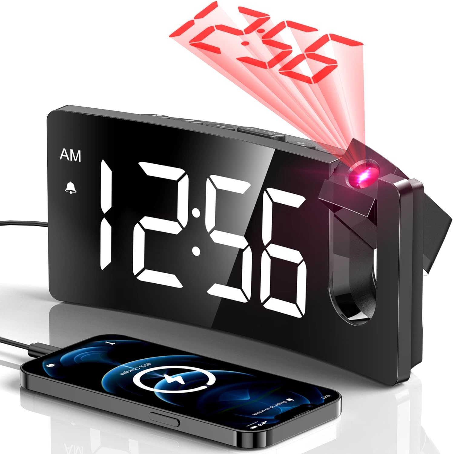 Projection Alarm Clock, Digital Clock with Modern Curved Design 180