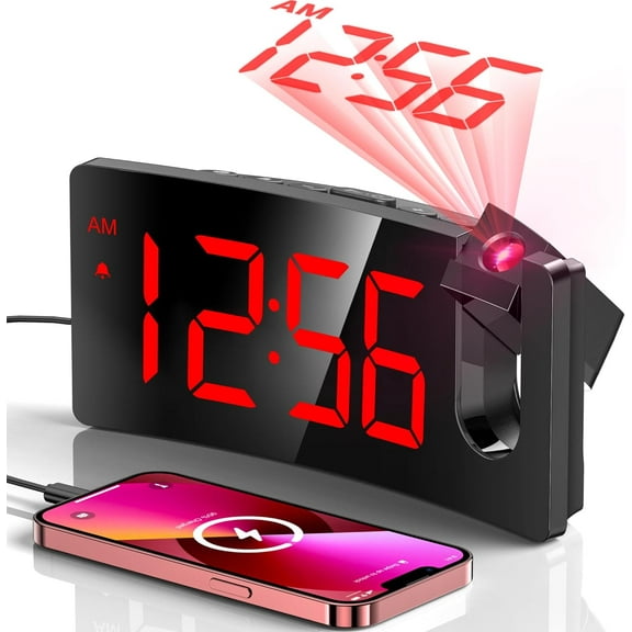 Projection Alarm Clock, Digital Clock with Modern Curved Design 180 Rotatable Projector, 3-Level Brightness Dimmer, Clear Red LED Display, Progressive Volume, 9mins Snooze,12/24H, for Bedroom