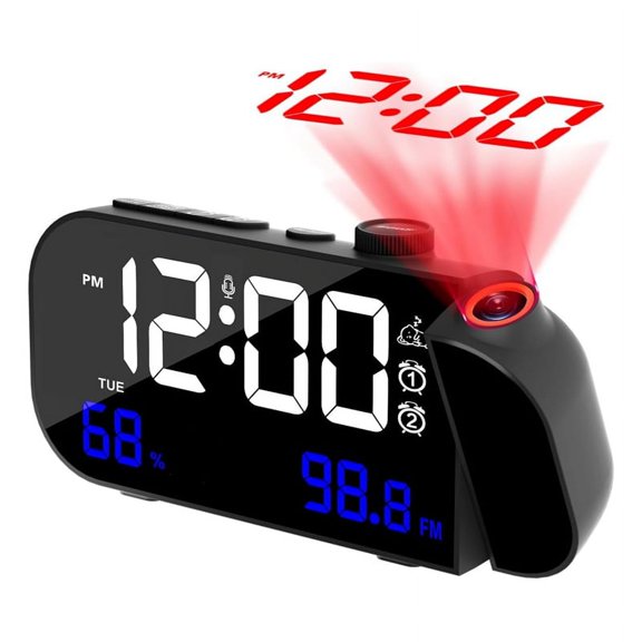 Projection Alarm Clock,Digital Clock with 180 Rotatable Projector and Infinitely Brightness Dimmer and Voice Black