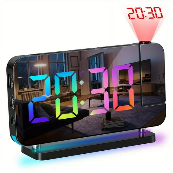Projection Alarm Clock, LED Mirror Display RGB Digital Clock, 7" Large LED Screen Alarm Clock, 7 Dimmer, Dual Alarm Clock With Snooze, USB C ChargingPort, Modern Desk Clock for Bedroom Decor Black