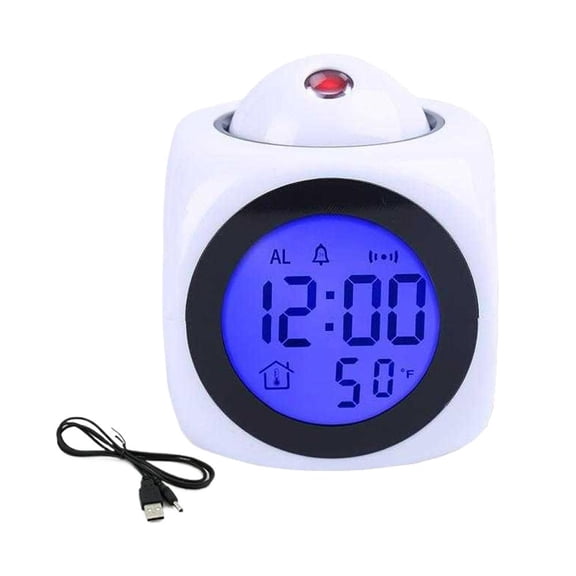 Projection Alarm Clock with Voice Talking Time, LED Digital Clock with Temperature & Date Display, Adjustable Projection, Snooze Function for Bedroom Desk(White)