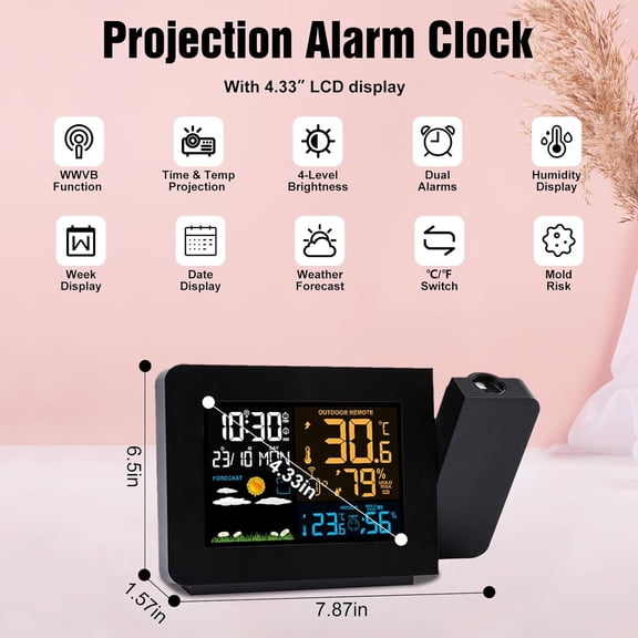 Projection Alarm Clock with Weather Station, Atomic Alarm Clocks for Bedrooms, Radio Control Clock with WWVB Function Dual Alarms Snooze Outdoor Wireless Temperature Humidity Sensor