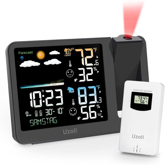 Projection Alarm Clock Weather Station, WWVB Atomic Projector with Sensor, Adjustable Backlight, Indoor Outdoor Temperature Humidity, Digital for Bedroom Ceiling