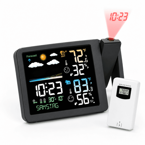 Projection Alarm Clock Weather Station with Atomic Projector and Dual Alarms