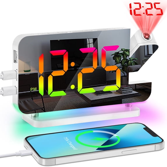 Projection Alarm Clock for Bedroom Ceiling, White