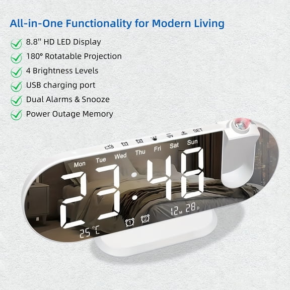 Projection Alarm Clock with 8.8" LED Display, Rotatable Projector, USB Charging for Bedroom