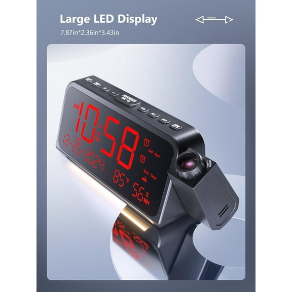 Projection Alarm Clock with Rotatable Projector, Dual Alarm, Temperature/Humidity Monitor, and Night Light - Ideal for Bedroom