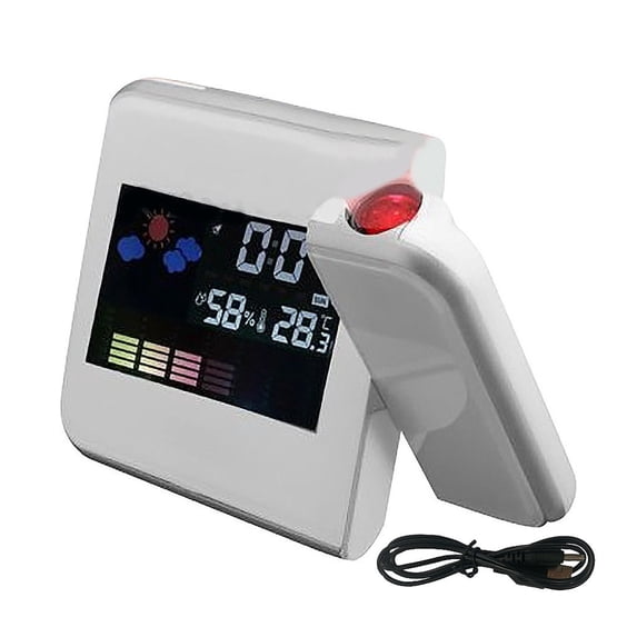 Projection Alarm Clock with Weather Station - LED Digital, 180° Rotatable, Temperature/Humidity/Date Display, Snooze, USB Line, for Home