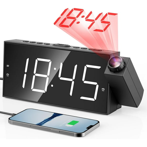 Projection Alarm Clocks for Bedrooms - Large LED Display, 180° Rotatable Projector, 5-Level Dimmer,USB Charger,Battery Backup,Loud Dual Alarms for Kids Elderly,Heavy Sleepers,Snooze,12/24H,DST
