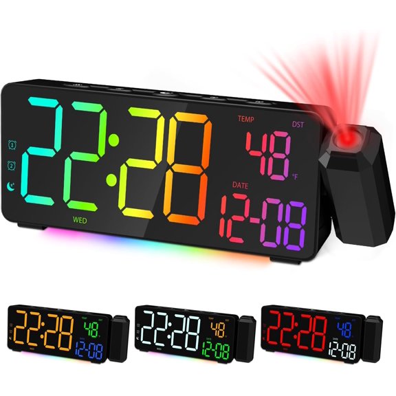 Projection Alarm Clocks, RGB Desk Clock with 180 Rotatable Projector 15 Color Display, Date Temperature and Weekday, DST, Snooze, Ambient Lighting for Living Room,Bedroom Bedside Office Decor