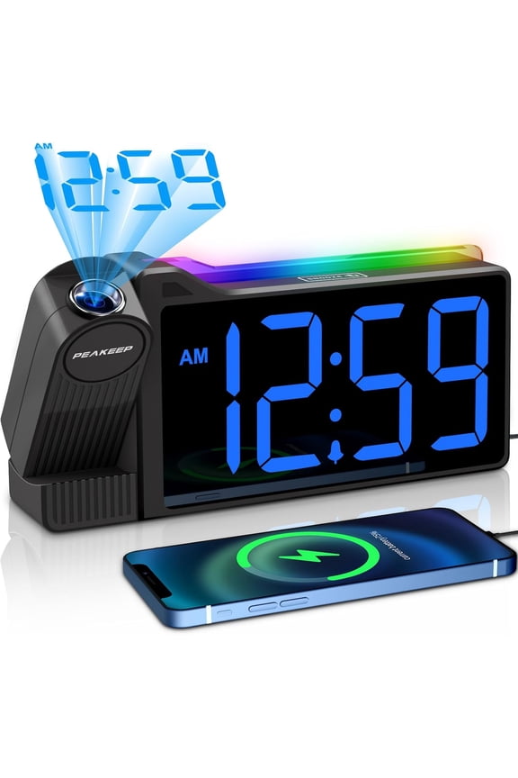 Peakeep Projection Alarm Clock for Bedroom Ceiling 180 Rotatable, Loud Heavy Sleepers, Colorful Nightlight, 5 Brightness Dimmable Large Number Bedside Electric LED Digital with USB Port