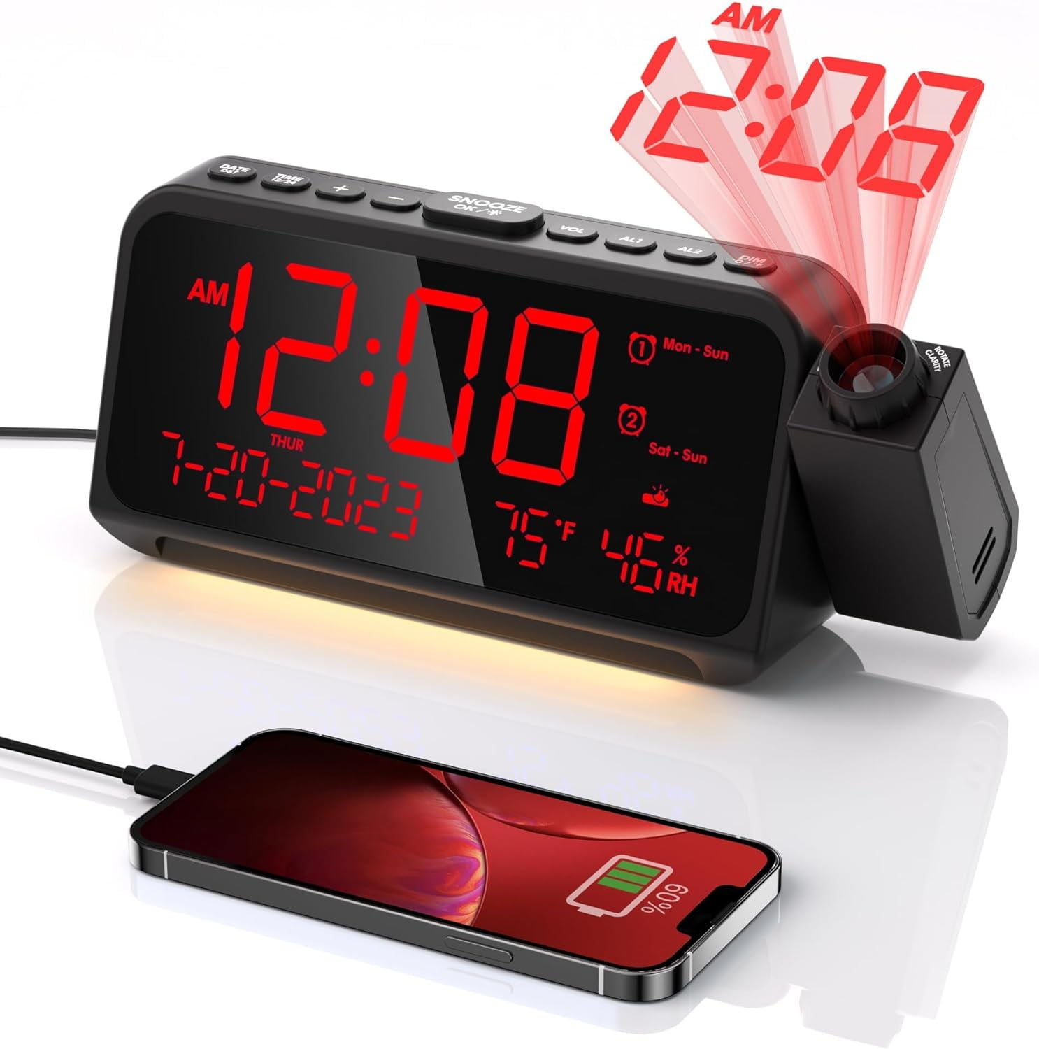 Projection for Bedroom,Digital Clock with 350° Rotatable Projector,5-Level Dimmer,Dual Alarm with Weekday/Weekend Mode,Adjustable Volume,Temp,Humidity,Calendar,Snooze,12/24H,Night Light