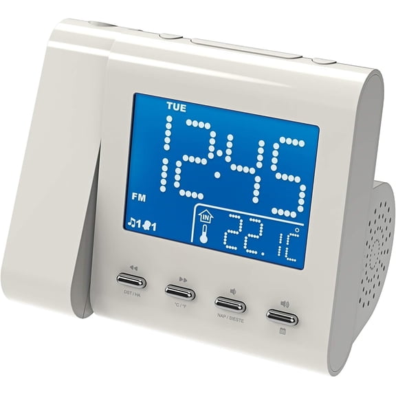 Projection Clock with AM/FM Radio, Backup, Auto Time Set, , Nap/Sleep Timer, Indoor Temperature/Date Display with Dimming & 3.5mm Audio Input - White (EAAC601W)