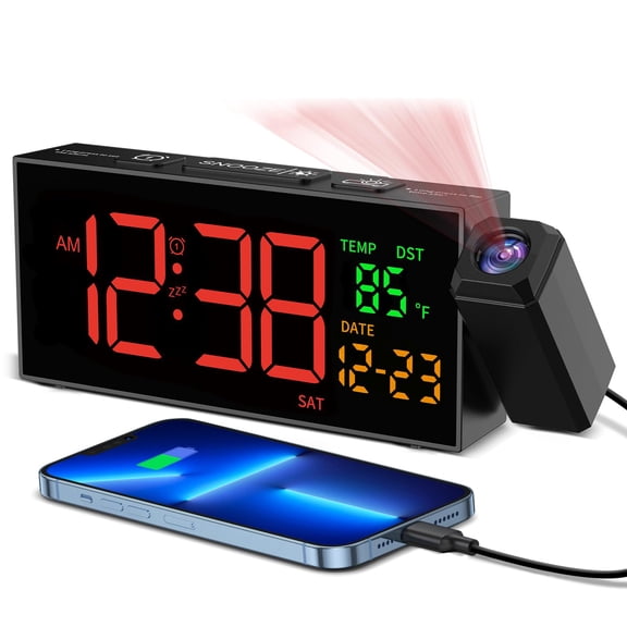 Projection Clock For Bedroom Ceiling Alarm Clocks With 180° Rotatable Projector Date Temperature And Weekday Manual Dst 5 Brightness 10 Ringtones 4 Volumes Snooze