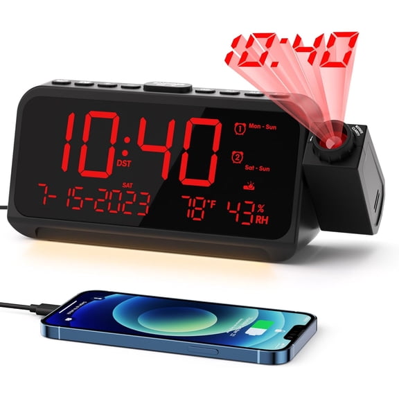 Projection Clock for Bedroom, Digital with 180 Projector on Ceiling 5-Level Dimmer, Dual Loud Alarm Weekend/Weekday Mode, Date, Temp, Humidity, Night Light, Snooze