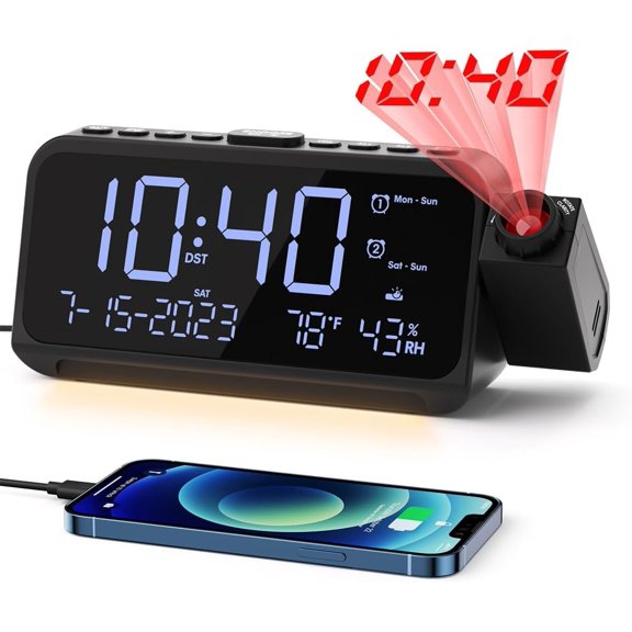 Projection  Clock, Digital Clock with 180? Projector  Ceiling Wall, Dual Loud  Clocks for bedrooms with Weekday/ Mode,2 USB Ports, Dimmer, Temp, Humidity, Night Light, Snooze
