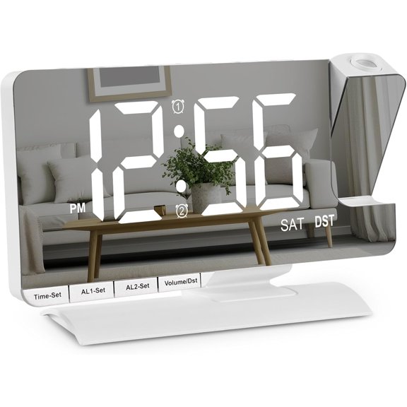 Projection Clock,Digital Clock with Projection,7.3" Mirror Clock with 180?Rotating Projector,Dual with 3 Mode,Bright Adjust,DST,Snooze, Port,5 Levels Volume for Desk Teens