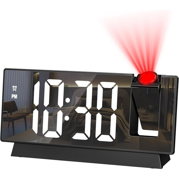 Projection Clock, Large Screen Projector Clock for Bedroom Ceiling, Digital Clock with 180? Projector, 4 Levels Brightness, Clock Projector with Temperature Date Snooze 12H/24H