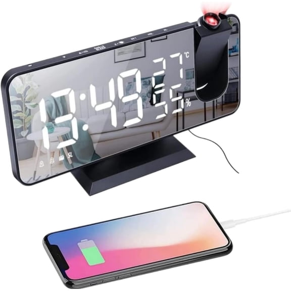 Projection  Clock for Bedroom Ceiling Digital Clock Radio with USB Charger Ports 180? Rotatable Projector, 12/24H,Snooze, Loud  Clock (Black)