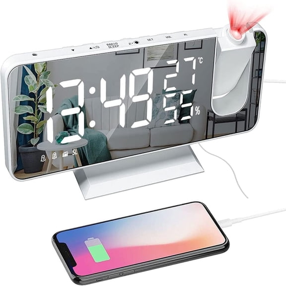 Projection  Clock for Bedroom Ceiling Digital Clock Radio with USB Charger Ports 180? Rotatable Projector, 12/24H,Snooze, Loud  Clock (White)