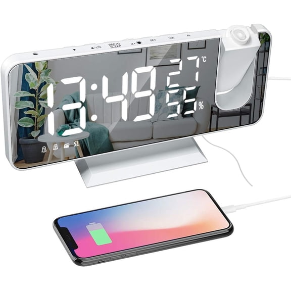 Projection Clock with USB Charger 180? Rotable Projector Clock with FM Radio 7.4'' Mirror Display 2 Sounds 4 Dimmer White