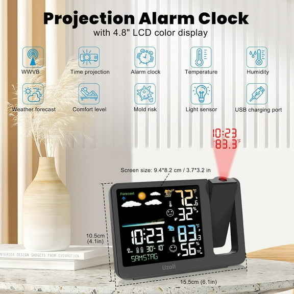 Projection Clock with WWVB Atomic Sync and Weather Station Features, Adjustable Backlight, Dual Alarms