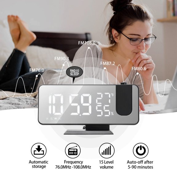 Projection Digital Alarm Clock, Adjustable Alarm Volume, 12/24Hr, Snooze, Bedroom 180 ° Projection Alarm Clock, 1Pcs