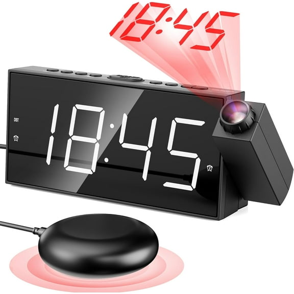 Projection Digital Alarm Clock with Bed Shaker for Bedroom, Extra Loud Alarm Clock for Heavy Sleeper, 180° Rotable Ceiling Projector Clock,2 Alarm,5 Dimmer Volume,USB Charger, Battery Backup,12/24H…