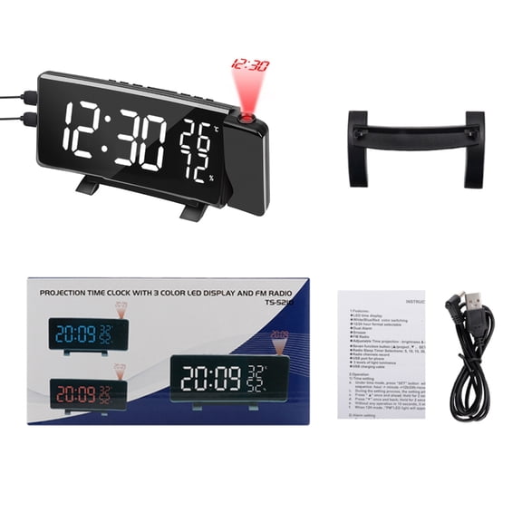 Projection Digital Alarm Clock with 3 Brightness Storage and Curved Screen LED Display USB Charging Port