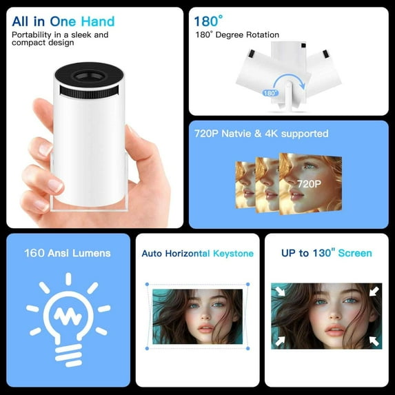 Projector 4K 1080P Portable with WiFi6 5G 5.2 Android 11 160 ANSI Lumens 180° Rotatable Auto