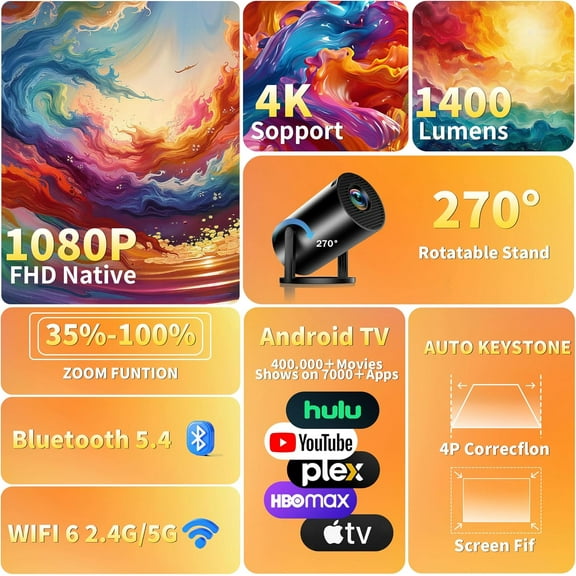 Projector 4K 1080P Portable with WiFi6 Bluetooth5.4 270° Rotatable Auto  Correction 35-130" Video Projector