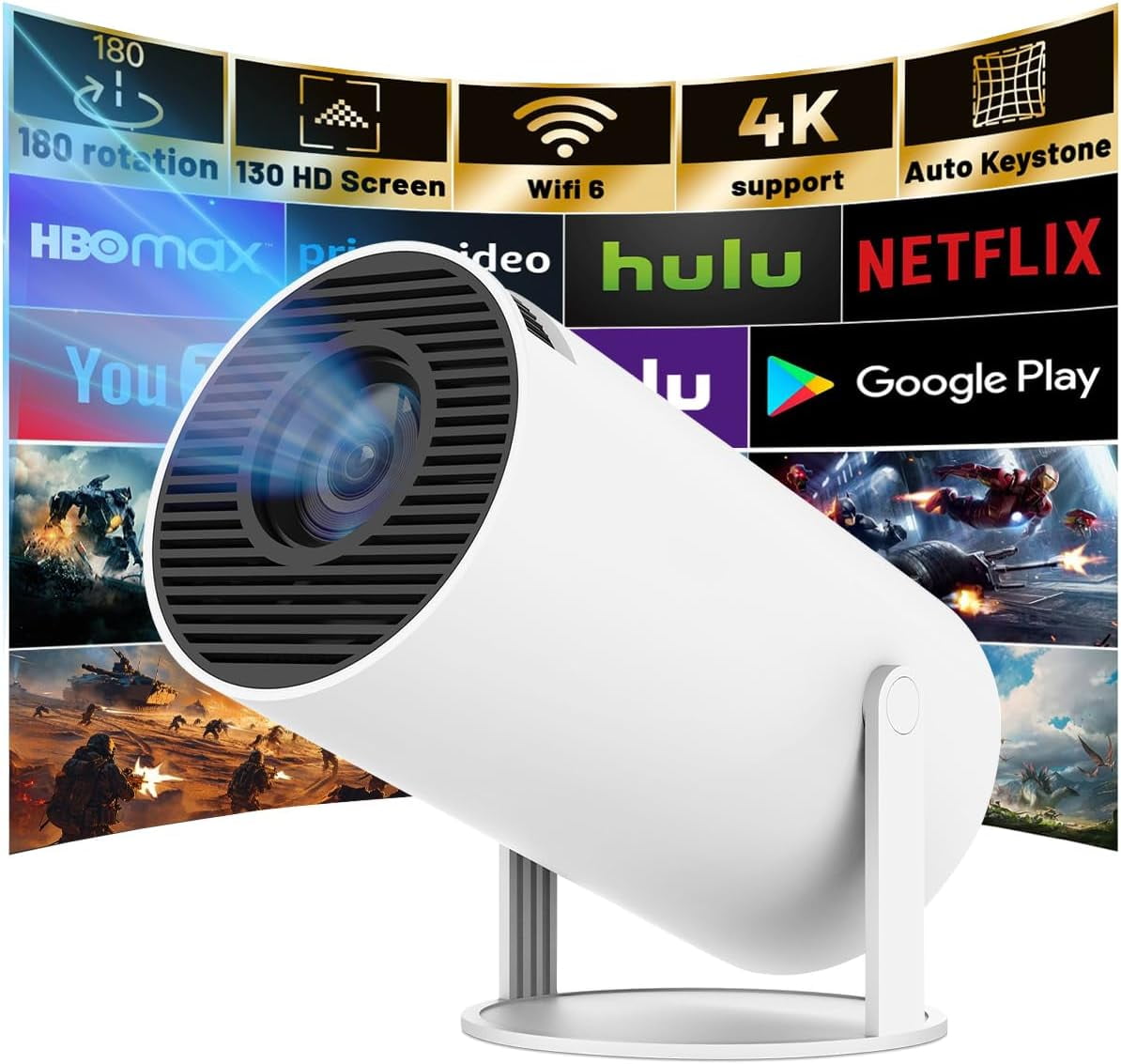 BDQ Mini Projector, Support 4K 1080P with Dual-Band WIFI6 5G Wireless 5.4 Bluetooth Android 11.