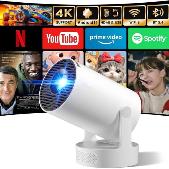 Projector 4K with WiFi and Bluetooth, Mini Portable Projecteur Android11 TV Projector ,Outdoor Movie for Bedroom,180 Degree Rotation,Built-in Apps- White
