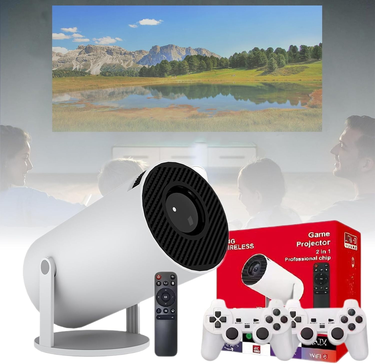 Projector with Controllers, Retro Projector, Video Game Projector with Two Controllers, Smart HD Projector with Wifi and Bluetooth, 4k HD Auto Keystone, Ultra-Fast Wireless Connection