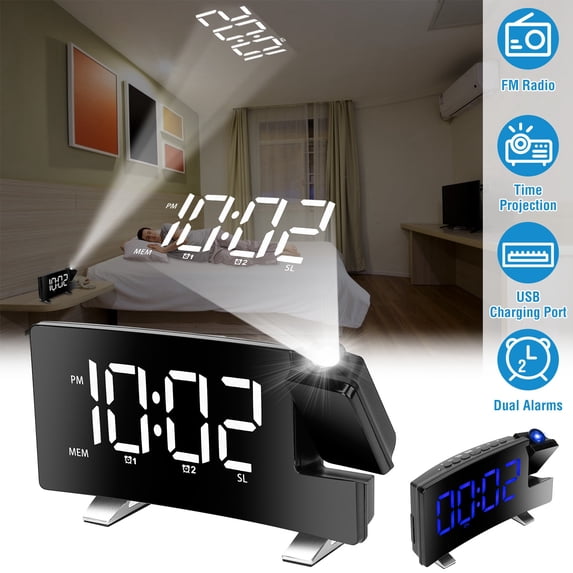 Projector Digital Clock with Radio, Moclever Projection Clock with Large LED Screen, USB Port, 2-Alarm Setting, Grad Gift(White)