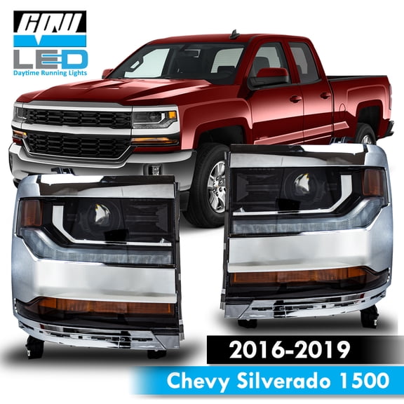 Projector Headlights LED DRL For 2016-2019 Chevy Silverado 1500 Chrome Pair Set