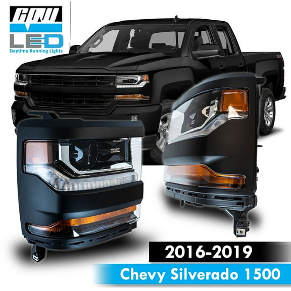 Projector Headlights LED DRL for 2016-2019 Chevy Silverado 1500 Black Pair Set
