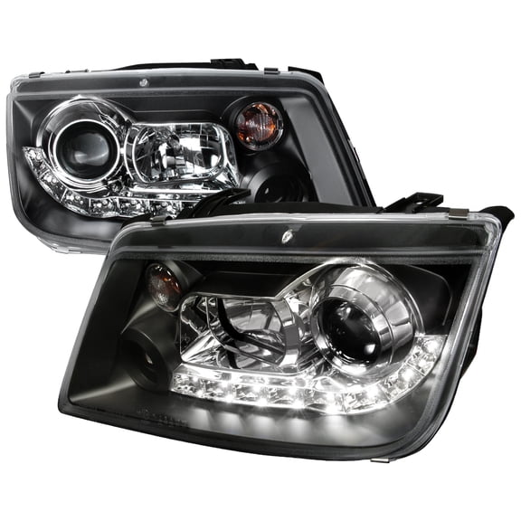 Projector Headlights w/ R8 Style LED Light Strip (Black Housing/Clear Lens) Made for and Compatible with 1999-2004 Volkswagen Jetta/Bora