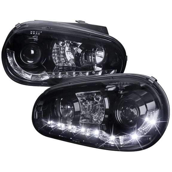 Projector Headlights w/ R8 Style LED Light Strip (Black Housing/Smoke Lens) Made for and Compatible with 1999-2006 Volkswagen Golf Mk4 GTI/R32 Cabrio