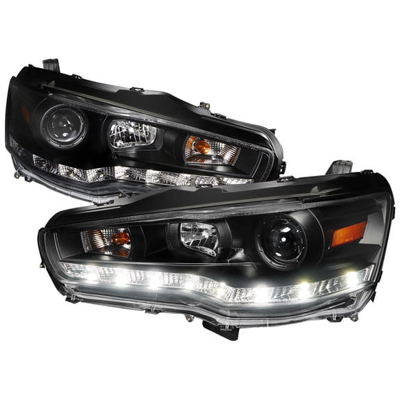 Projector Headlights w/ SMD LED Light Strip (Black Housing/Clear Lens) Made for and Compatible with 2008-2015 Mitsubishi Lancer EVO