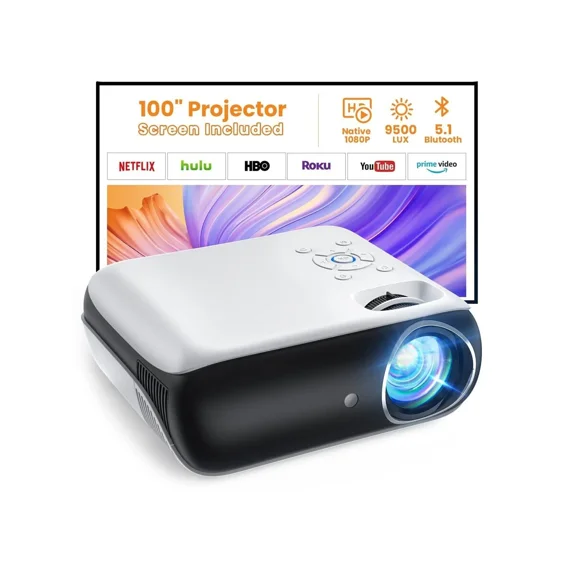 Projector, Native 1080P Bluetooth Projector With 100''screen, 9500L Portable Outdoor Movie Projector Compatible With Smartphone, USB,AV,Fire Stick