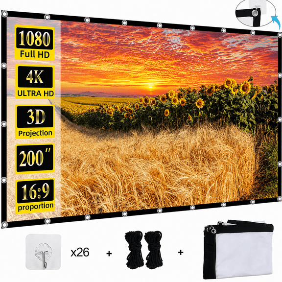 HVKDIEB Projector Screen 200 Inch 16:9 Washable Foldable Anti Wrinkle Portable Projector Cinema Screen for Home Theater Outdoor Indoor, Manual Wall Mounting,