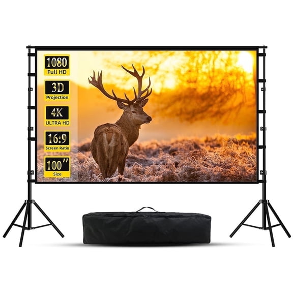GAINVANE Projector Screen with Stand,100 inch 16:9 4K 3D Indoor Outdoor Movie Screen,Wrinkle Resistant,Suitable for Home Theater Movies Night