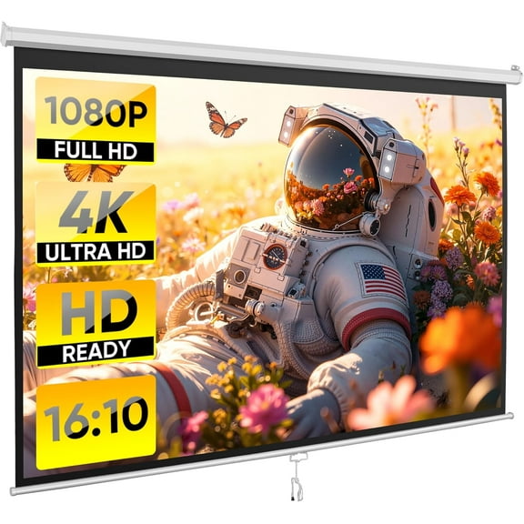 Projector Screen Pull Down 100 Inch 16:10 HD, Manual Projection Screen Home Theater, Portable Indoor Outdoor Retractable Movie Screen Ceiling Wall Mount (White, 100'' (16:10))